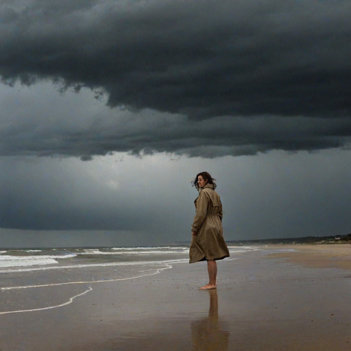 Stormy beach, with dark clouds gathering on the horizon, a woman stands barefoot in the sand, her raincoat billowing in the wind as the first drops of rain begin to fall.