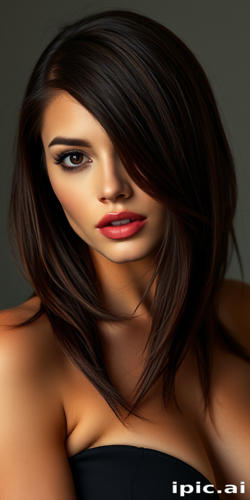 Sultry mahogany-haired seductress sporting a sleek, wet-look style with a deep side part and tucked-behind-ear finish
