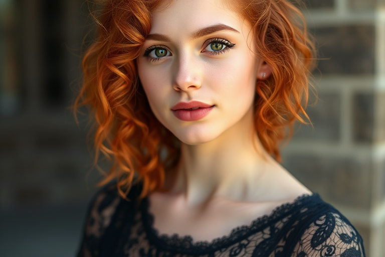 Portrait of a young woman with curly red hair, wearing a black lace top, soft focus background, natural light, camera settings f/1.8, shutter speed 1/250s, ISO 200, taken with a Canon EOS R, 85mm lens, shallow depth of field.