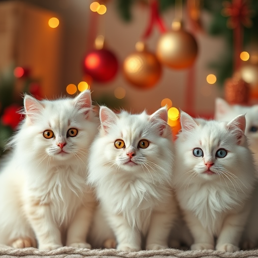 Regenerate an image of four fluffy white cats with bright orange eyes against a warm festive background with hanging red and gold Christmas ornaments, shot with a DSLR camera at f/2.8 aperture, 50mm lens, using a soft focus style for a dreamy effect.