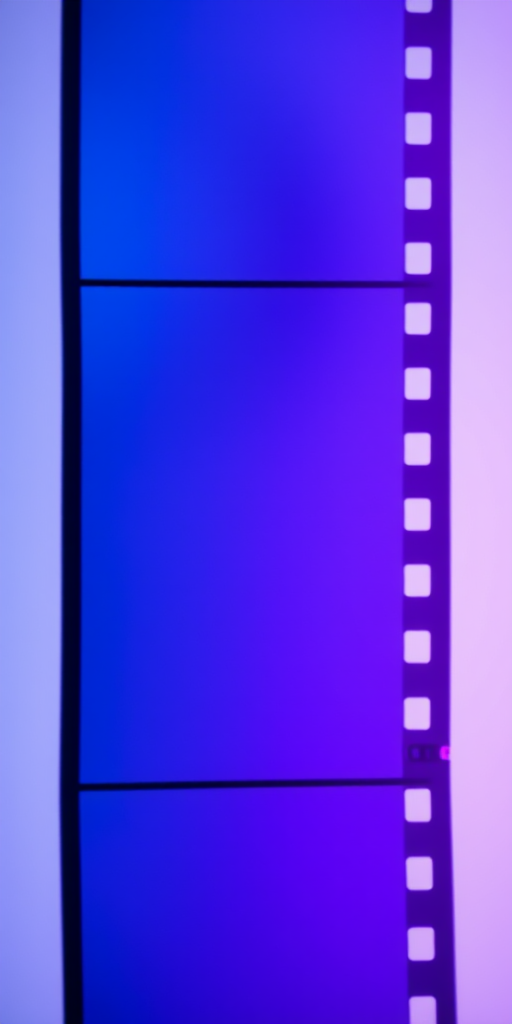 Create a high-resolution image of a wavy film strip with a gradient color scheme featuring shades of blue and purple, using a DSLR camera, 50mm lens, f/1.8 aperture, ISO 100, and a soft focus effect.