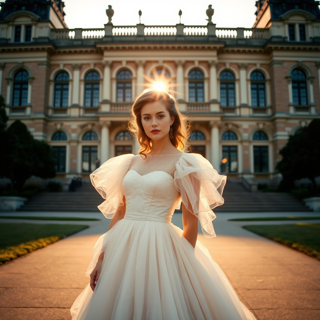 An elegant woman, dressed in a vintage gown, stands in front of a grand, historic building. The setting sun casts a warm, golden light on her