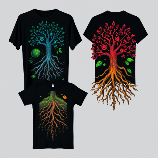 Design a collection of artistic t-shirt graphics featuring vibrant tree root designs that incorporate elements of the earth, with one shirt displaying the word "CHANGE" prominently, shot with a DSLR camera at f/4 aperture, 50mm lens, natural lighting, and a neutral gray background for clarity.