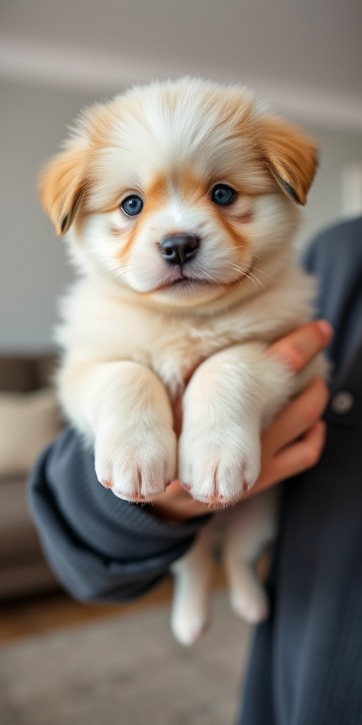 Cute fluffy puppy with blue eyes being held by a person indoors with soft lighting and a neutral background