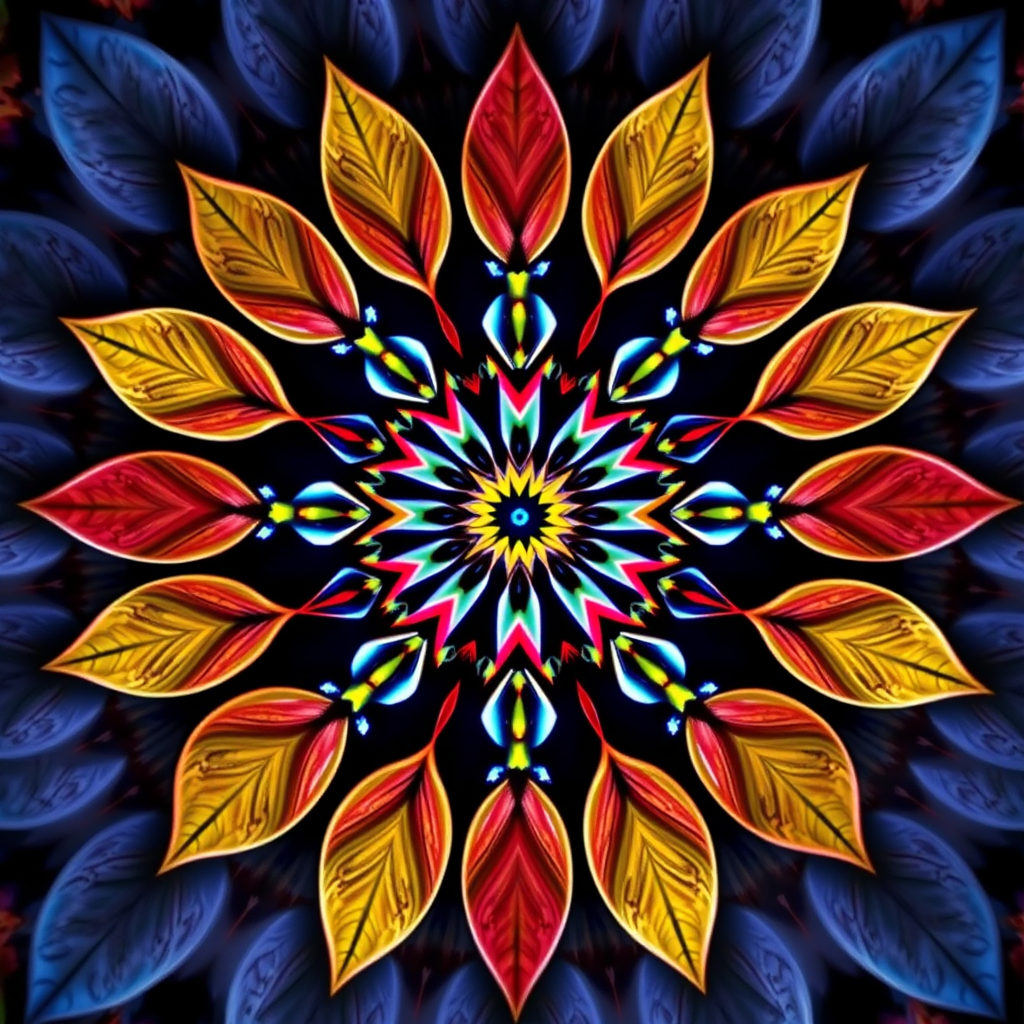 Generate an intricate circular design featuring a pattern of colorful stars surrounded by leaf-like shapes, high-resolution, shot with a Canon EOS R5, 50mm lens, aperture f/1.8, ISO 100, natural lighting, macro photography style.