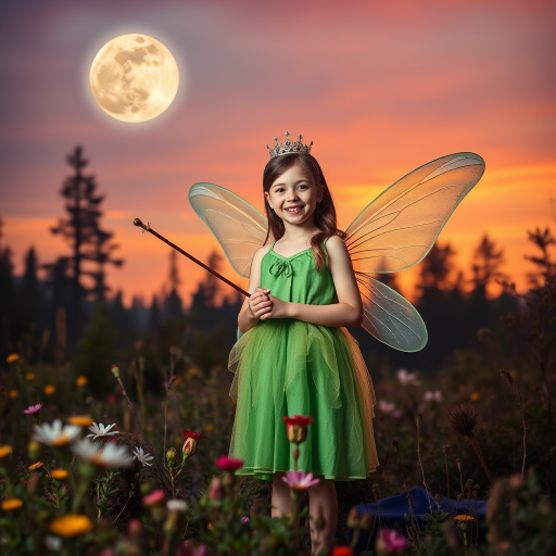 A vivid photo  taken under a bright camera flash of a fantastical scene set against a backdrop of a forest during sunset. The main subject is a girl dressed as a fairy, adorned with translucent wings and a green dress, holding a wand, her face is happy, and she wears a crown on her head. The forest behind her is a blend of flowers, shrubs and trees. The sky is painted in hues of orange and pink, with a large, glowing moon casting a warm glow over the scene. The overall color palette is dominated by earthy tones.