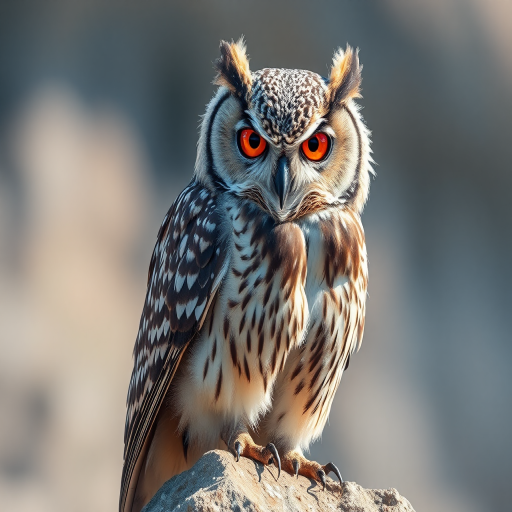 Create a detailed illustration of a majestic owl perched on a rocky surface, with vibrant orange eyes, realistic feather textures, and intricate patterns, captured using a DSLR camera with a 50mm lens at f/1.8, ISO 100, in natural light to enhance clarity and color vibrancy.