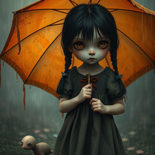 An eerie, weird little girl with dark hair in thin pigtails, wearing a smock dress, standing in the rain, holding a dirty orange umbrella, a small, odd creature beside her. In a surreal style inspired by Nicoletta Ceccoli and Brian Froud. Dark fantasy themes
