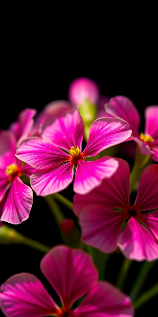 Create an abstract depiction of vibrant pink and green flowers, using a macro lens with f/2.8 aperture, ISO 100, and a shutter speed of 1/200s, illuminated by soft backlighting for vivid color contrast against a black background.