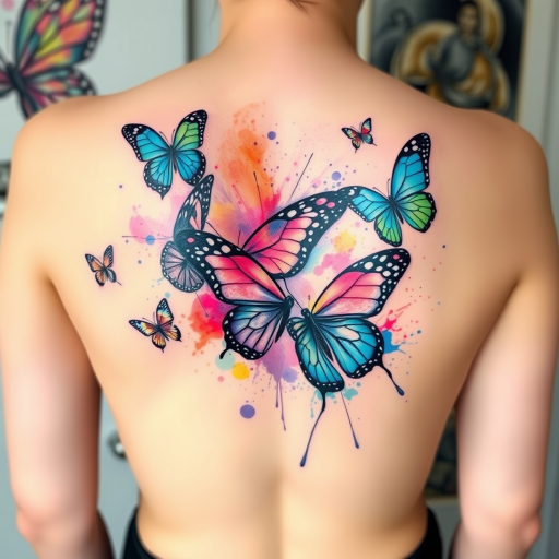 Stunning watercolor tattoo of vibrant butterflies in flight across the back, featuring soft pastel hues blending seamlessly with bold splashes of neon, creating a dreamy and ethereal effect