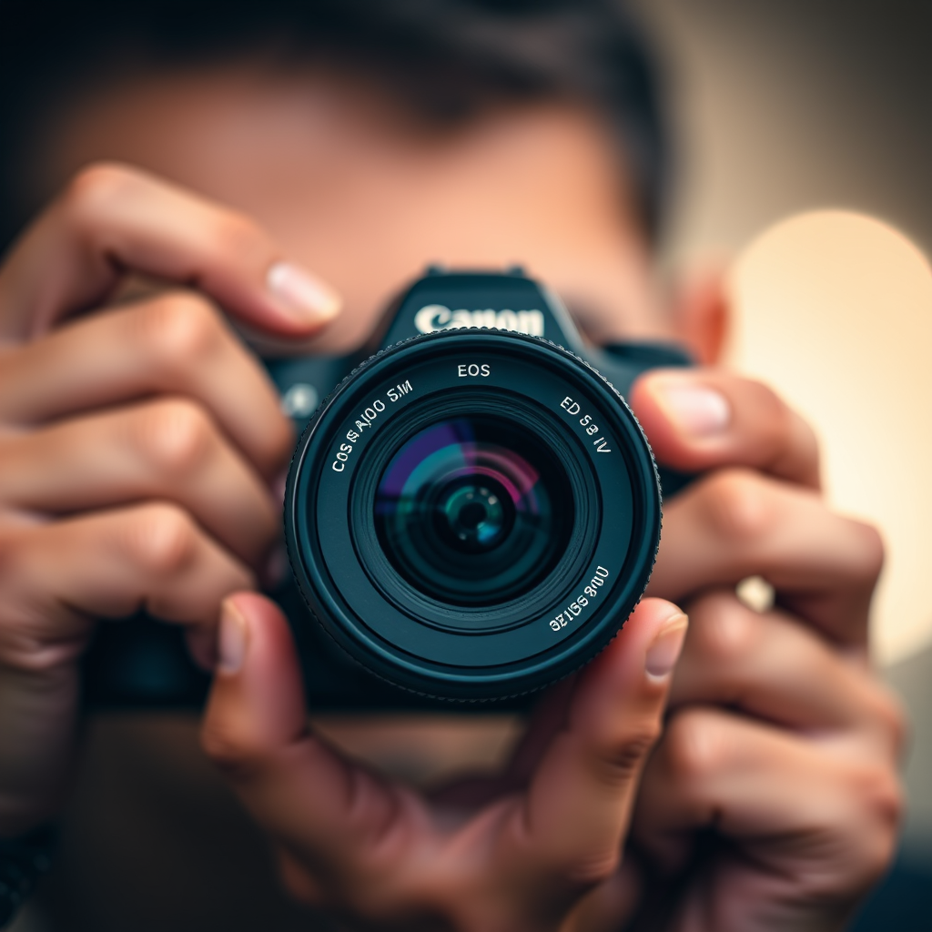 Capture a close-up shot of a person holding a camera, focusing on the lens details, using a Canon EOS 5D Mark IV, f/2.8 aperture, 50mm lens, ISO 100, with soft lighting and a shallow depth of field to create a blurred background.