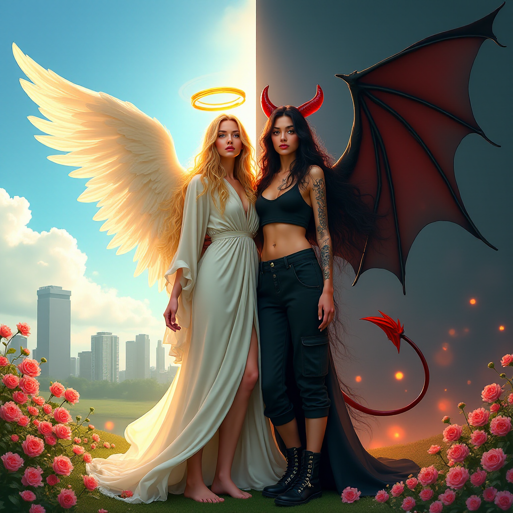 Create an image with a split composition, half representing an angel and half a demon. The angel is on the left, depicted with long, flowing blonde hair, a golden halo above her head, and wearing a white robe. She has large, feathered wings, and she's barefoot, standing amidst blooming flowers with a cityscape in the background under a clear blue sky with a few clouds. The demon is on the right, featuring long, wavy black and red hair, red horns on her head, and wearing a black crop top and black cargo pants. She has large, bat-like wings with red and black hues, and is wearing black combat boots. Her skin is adorned with tattoos. The background on the demon's side is dark and smoky, with hints of flames and a red tail curling behind her. Both figures stand back-to-back, creating a stark contrast between light and dark, good and evil.