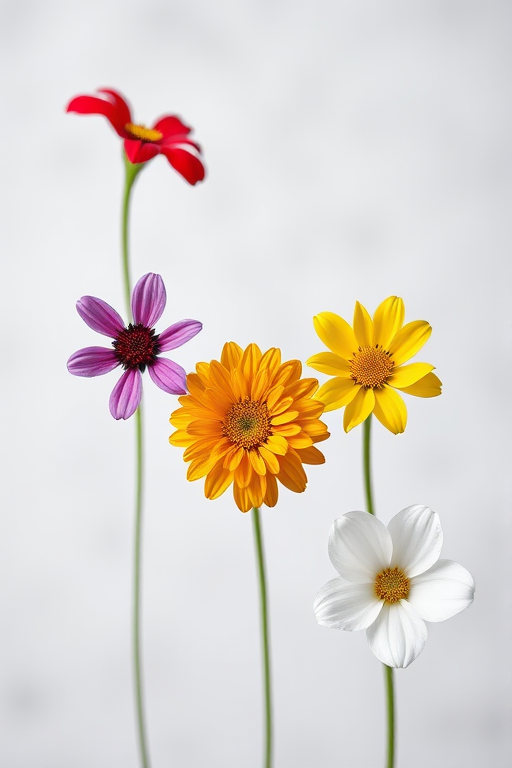 Generate an image of six stylized flowers arranged in two rows, featuring various colors such as red, purple, yellow, and white, with a soft focus background, using a DSLR camera at f/2.8, ISO 100, 50mm lens, in a macro photography style to enhance detail and color vibrancy.