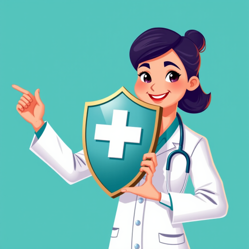 Create a digital illustration of a healthcare professional holding a shield with a cross symbol, wearing a lab coat and stethoscope, with a vibrant teal background; use a Canon EOS R5 with a 50mm lens, aperture set to f/1.8, ISO 100, and soft lighting to enhance clarity and detail.