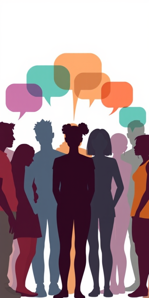 Create an illustration of a diverse group of silhouettes in various colors standing together with overlapping speech bubbles above them, use a high-resolution digital art style, with a 50mm lens, f/2.8 aperture, and a Canon EOS R camera for enhanced clarity and depth of field.