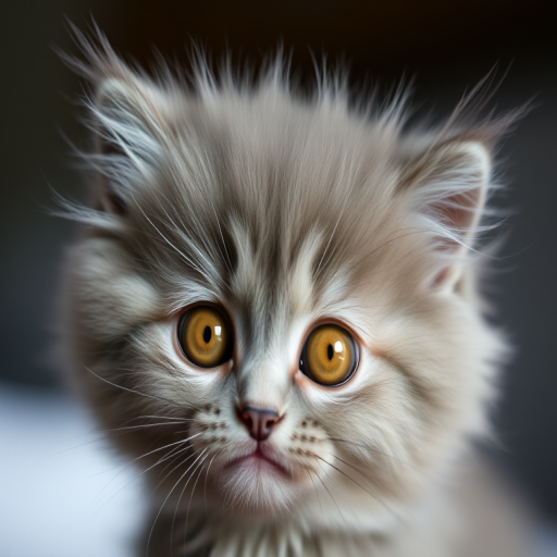 A fluffy gray kitten with large, expressive brown eyes, captured in soft natural light, shallow depth of field, 50mm lens, f/1.8 aperture, ISO 200, portrait orientation, close-up view, DSLR camera.