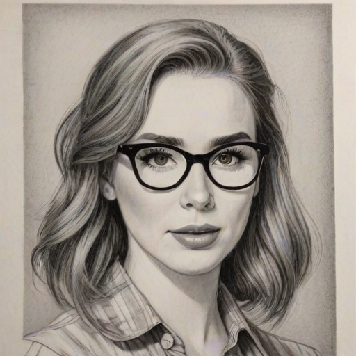 Resplendent Camryn Grimes, pencil sketch, portrait of Superb woman 1958s in glasses, hair style beatnik, outline, clear lines, fine lines, 8k