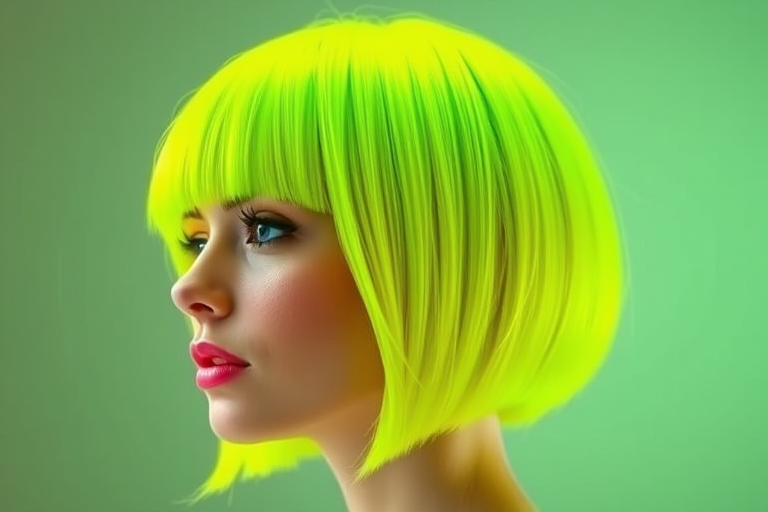Vivid neon yellow bob called "Electric Sunshine" features a blunt cut with razor-sharp edges and subtle lime green undertones, creating a bold and energetic statement