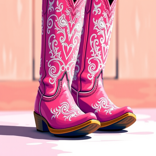 Regenerate a vibrant illustration of a pair of stylish pink cowboy boots with intricate white decorative patterns, shot with a DSLR camera at f/2.8 aperture, 1/125 sec shutter speed, ISO 200, with a shallow depth of field and a soft focus background to enhance the detail and colors of the boots.