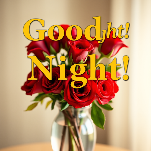Create an image with the text "Good Night!" in golden Garamond font, placed atop a delicate vase filled with vibrant red roses, with soft focus and warm lighting effects.
