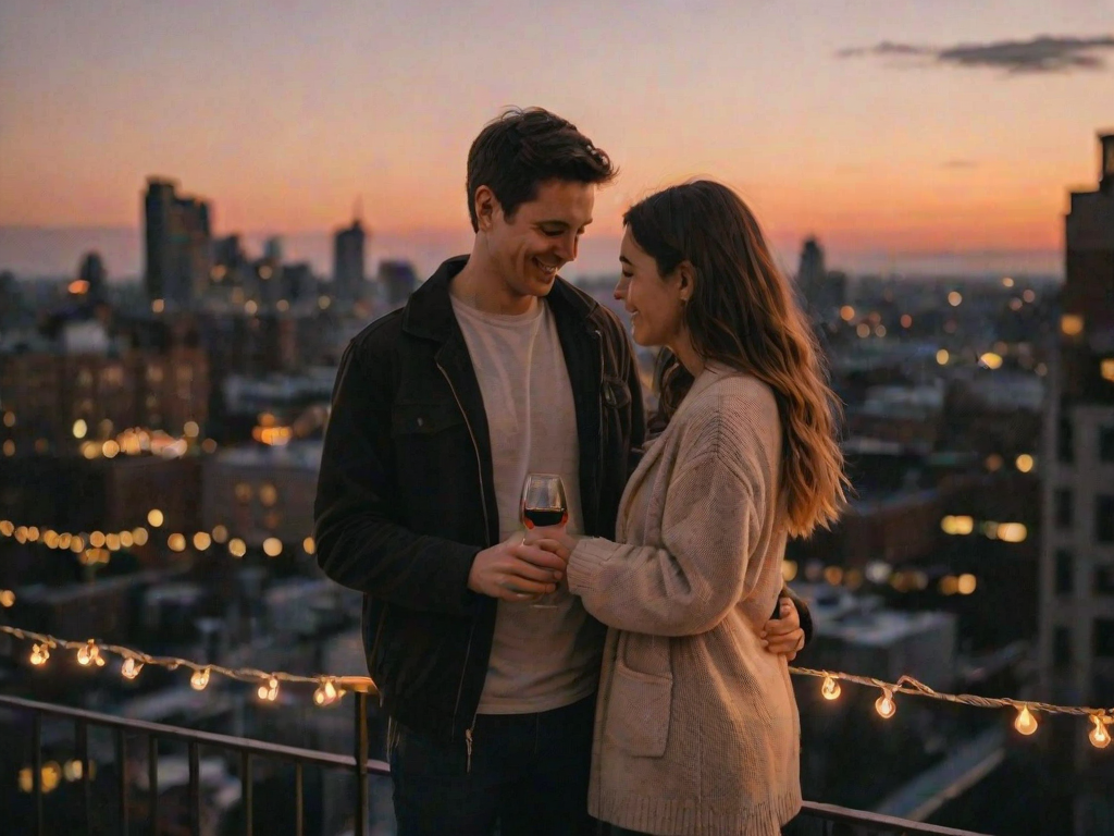 Warmly lit photo, a young couple standing on a rooftop at dusk, city lights twinkling below them, she's leaning on the railing, he's standing close, softly smiling, string lights hanging above them, a bottle of wine on a small table beside them, sunset colors still visible on the horizon.