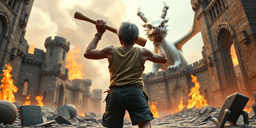 Cartoon 3D High-Resolution,dynamic battle scene using Unreal Engine 5 and Octane Render. The scene features back of an elderly, thai man with a beard,messy hair and round golden-rimmed glasses. He is wearing a tattered tank top with soot marks, shorts, and sandals. sweating. he wields a baseball bat. He jump to fight with a white fire-breathing Europe dragon amidst a partially destroyed stone castle. Include intense flames, smoke, and debris to enhance the dramatic effect.