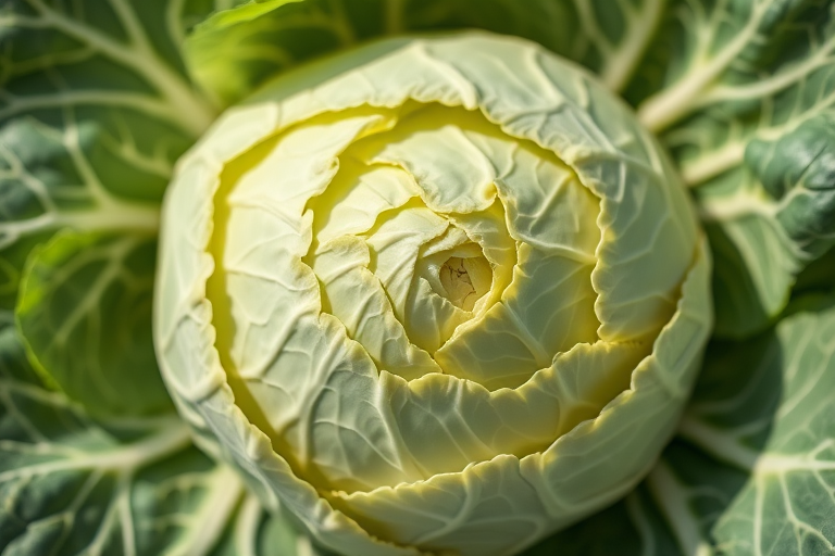 create a detailed and realistic illustration of a cabbage with intricate leaf textures under natural lighting, captured with a Canon EOS R5 at f/8, ISO 100, and 1/125 sec, using a macro lens from a top-down perspective to highlight the layers and patterns of the cabbage leaves