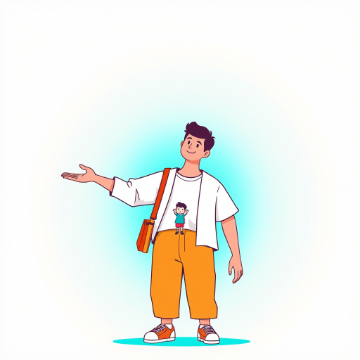 Generate a vibrant, simplified illustration of a person standing with one hand outstretched, supporting a smaller version of themselves, wearing casual clothing in a soft color palette against a bright turquoise background, using a Canon EOS R5 with a 50mm lens, aperture f/2.8, ISO 200, and a slight vignette for depth.