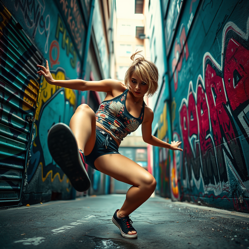 Regenerate a dynamic scene showcasing a female dancer with short blonde hair performing a breakdance move in an urban alley filled with colorful graffiti, using a wide-angle lens at f/2.8, ISO 200, shutter speed 1/500s, captured in vibrant colors with dramatic lighting to highlight motion and depth, using a DSLR camera for a crisp, high-quality image.