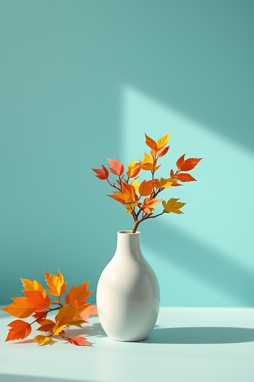 Create a minimalist still life of a white vase with a decorative tree featuring colorful leaves against a soft turquoise background, shot with a Canon EOS 5D Mark IV at f/2.8, ISO 100, 1/125 sec, using a shallow depth of field to enhance focus on the vase and tree, with natural lighting from the left side.