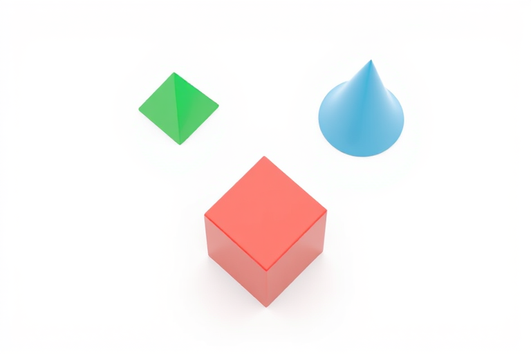 3D rendering of a red cube, a green pyramid, and a blue cone on a plain white background, using a DSLR camera with a 50mm lens, aperture f/1.8, ISO 100, 1/60 sec exposure, top-down view, photorealistic style.