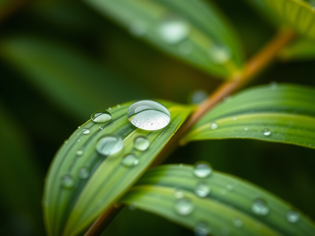 close-up shot of green leaves with water droplets, macro lens, aperture f/2.8, ISO 100, shutter speed 1/200s, natural soft lighting, DSLR camera, shallow depth of field