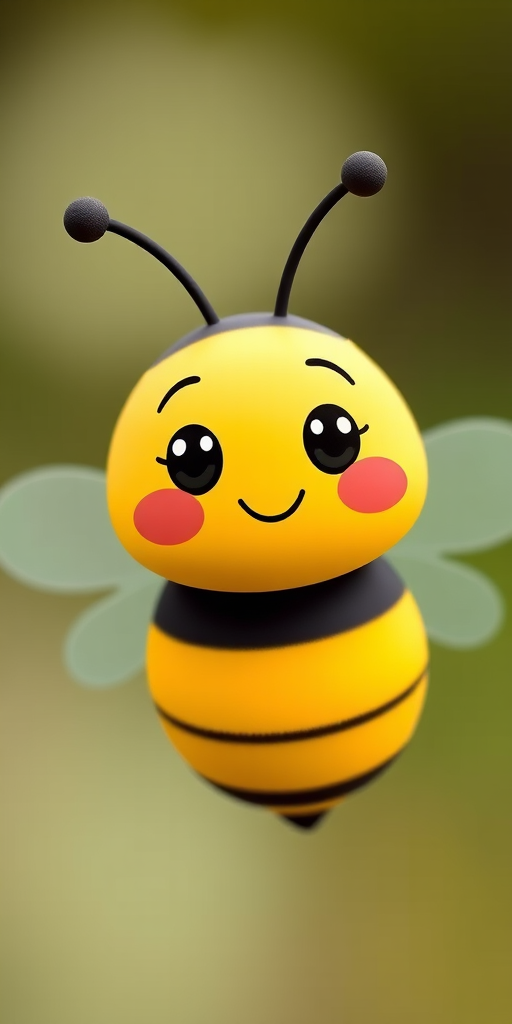Create a cute cartoon bee with a smiling face, black and white stripes, and rounded wings, captured with a DSLR camera at f/2.8 aperture, ISO 100, with a shallow depth of field, focusing on the bee against a soft blurred background.