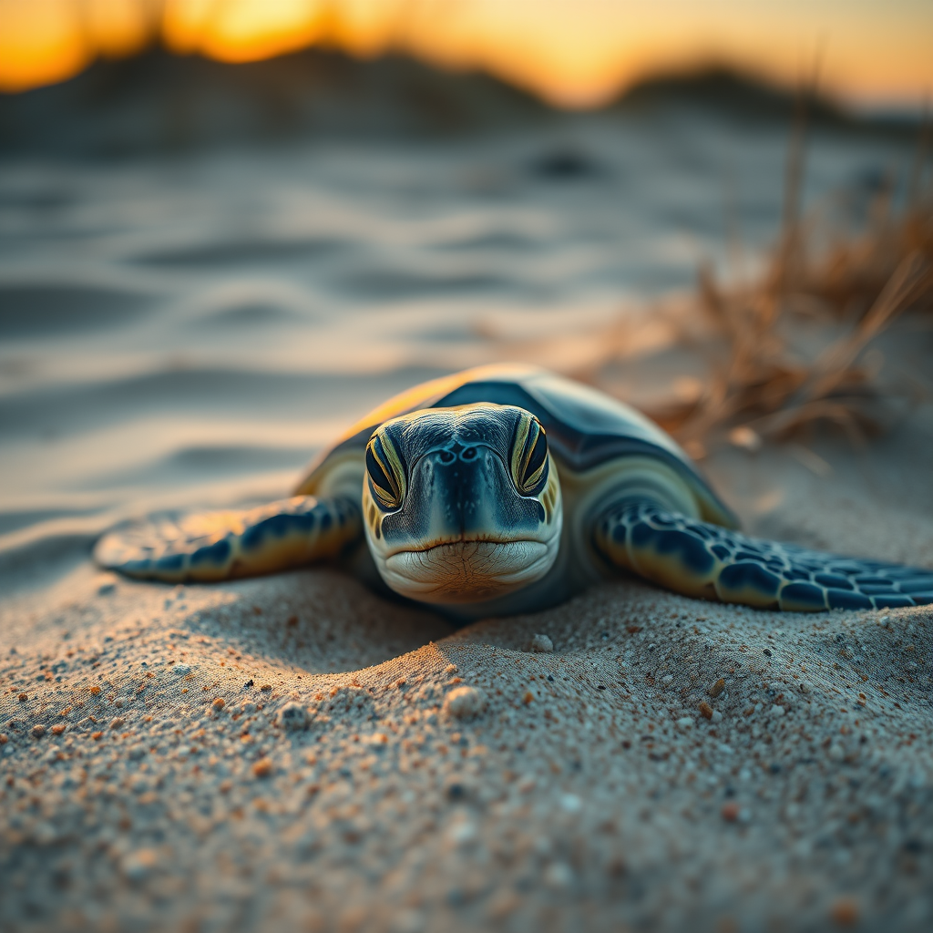 capture a close-up shot of a sea turtle nesting in sandy dunes at sunrise, settings: ISO 200, aperture f/4, shutter speed 1/250 sec, focal length 50mm, view: low angle, style: macro photography, type: DSLR camera