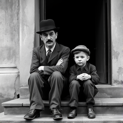 A black-and-white photograph of a man and a child sitting on steps in front of a doorway. The man is dressed as a tramp with a bowler hat, mustache, and ragged clothes, reminiscent of Charlie Chaplin's iconic look. He is sitting with his arms crossed and an expression of slight sadness or frustration. Next to him is a young boy, also in worn clothes and a cap, sitting with his hands clasped, looking thoughtful. The background is an old, textured wall and a partially open door, creating a vintage, early 20th-century atmosphere.