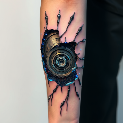 Realistic 3D biomechanical tattoo, "Cybernetic Fusion," blending hyper-realistic skin tears revealing metallic gears, wires, and circuitry underneath, with subtle color accents in electric blue and neon green, creating an illusion of depth and dimension on the forearm or leg