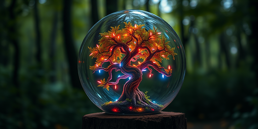 A mystical glass globe containing a vibrant, twisted tree illuminated by ethereal lights, set in a lush forest background, captured with a Canon EOS R5, 50mm f/1.2 lens, ISO 200, f/2.8, 1/60s, in soft focus style for enhanced depth and clarity.