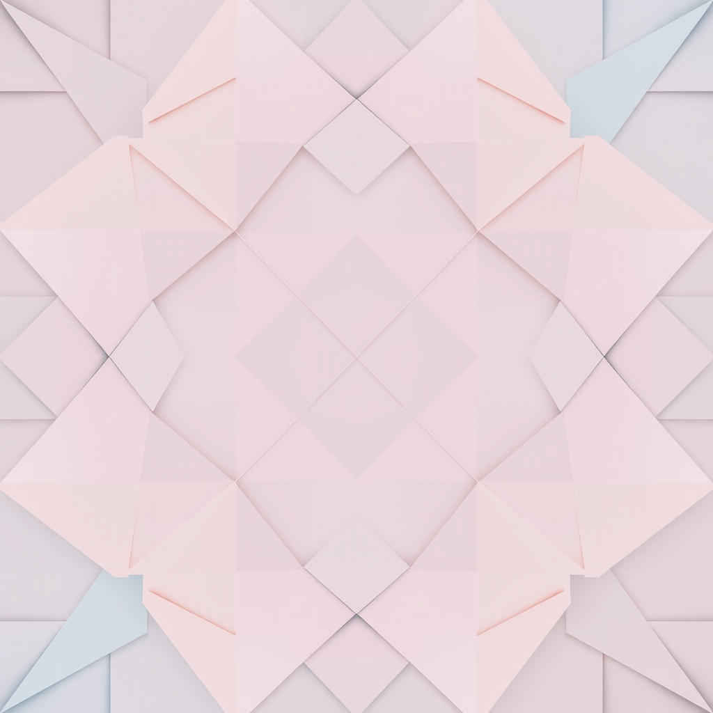 Create an abstract geometric pattern featuring pastel colors in soft gradients, capturing a harmonious blend of shapes and lines using a high-resolution digital camera set to ISO 100, aperture f/8, and a shutter speed of 1/60 sec, taken from a top-down view with a minimalistic style.