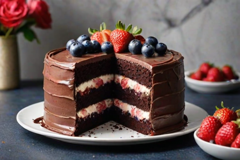 Generate an image of a tall, layered chocolate cake with rich black layers and creamy white frosting. The cake is decorated with fresh strawberries, raspberries, and blueberries on top. A slice of the cake is placed on a separate plate, showcasing the layers and frosting inside. Add a few scattered berries around the plates for decoration. The setting is bright and inviting, with a marble background.