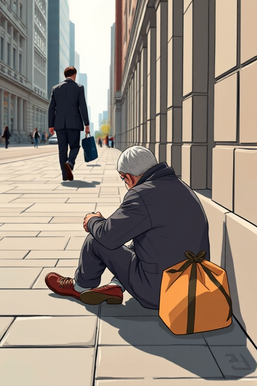 Generate an illustration of a homeless person sitting on the ground with a bag beside them and a businessperson in a suit walking away, use a wide-angle lens with f/8 aperture, 50mm focal length, natural soft lighting, and a high-resolution digital camera for clarity.