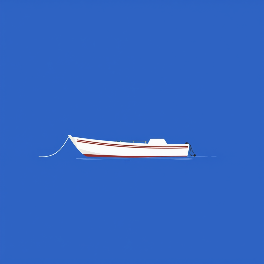 Create a digital illustration of a minimalist boat on water, using a flat design style with a blue background and white accents, captured with a DSLR camera at f/8 aperture, ISO 100, 50mm lens, from a slightly elevated angle to enhance clarity and detail.