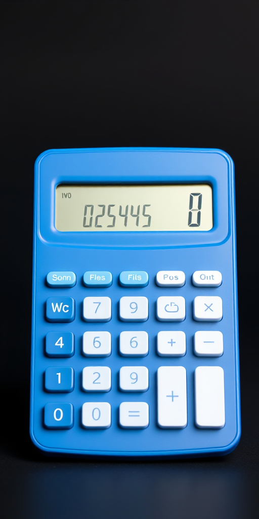Create a high-resolution image of a simple calculator with a blue body and white buttons, front view, 50mm lens, f/5.6 aperture, ISO 100, studio lighting.