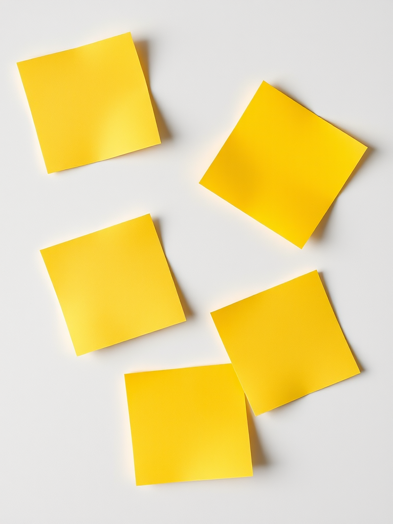 a collection of five yellow sticky notes arranged creatively on a white background, captured with a DSLR camera at f/8 aperture, 50mm lens, ISO 100, viewed from a top-down angle to enhance texture and shadow detail