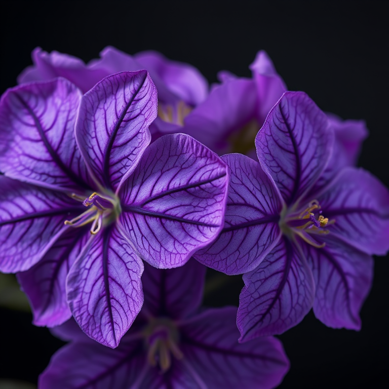 Regenerate the image of vibrant purple flowers with intricate patterns and textures, captured with a Canon EOS R5, 100mm f/2.8 macro lens, f/8 aperture, ISO 200, and a soft focus effect to enhance detail against a dark background.