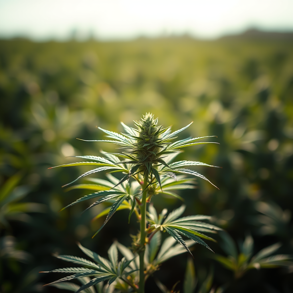 photograph of a marijuana plant in a sunlit field with a blurred background, taken with a DSLR camera using a 50mm lens, aperture set to f/2.8, ISO 100, and a shutter speed of 1/200s for enhanced clarity and depth of field.