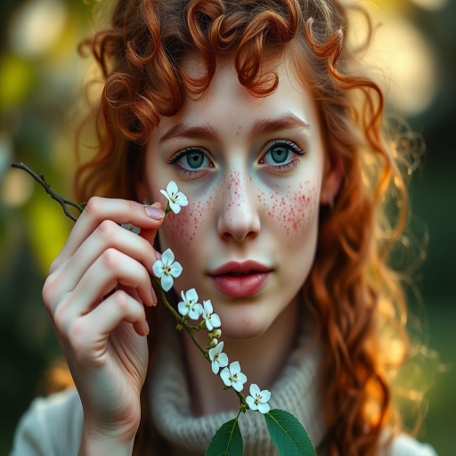 Portrait of a young woman with curly red hair and freckles, holding a branch with white flowers close to her face, natural light, shallow depth of field, 85mm lens, f/1.8, ISO 100, 1/200 sec, soft-focus background.