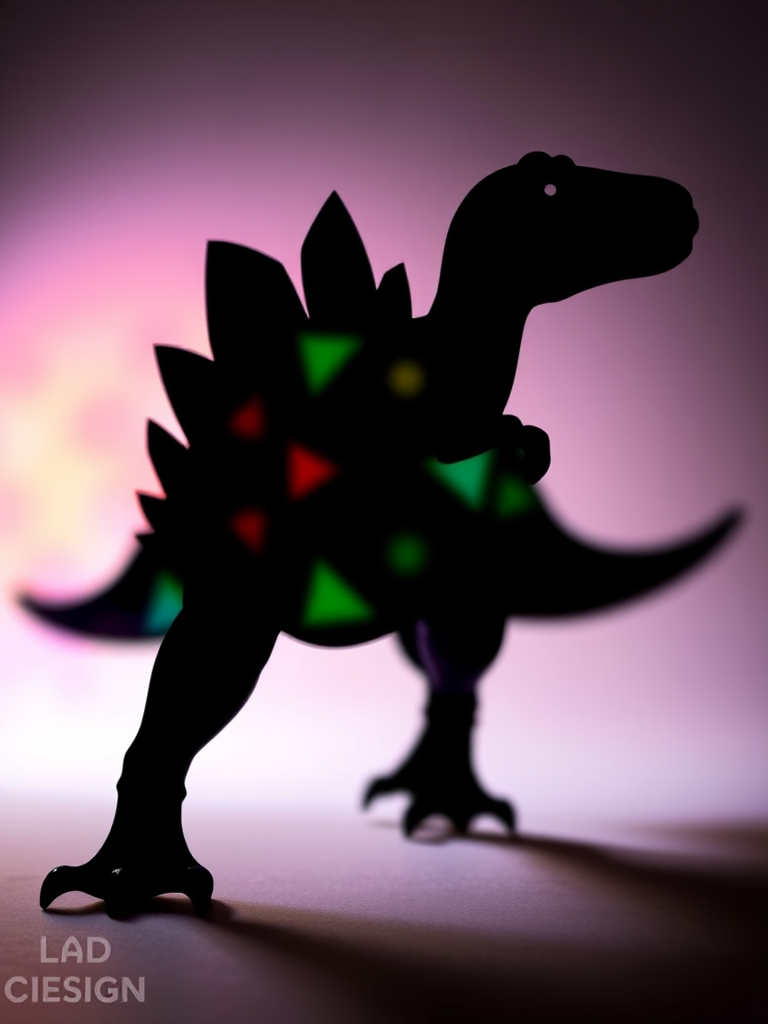 Create an abstract silhouette of a dinosaur with a vibrant, colorful pattern overlay, using a 50mm lens, f/1.8 aperture, ISO 100, and a shallow depth of field to enhance focus on the silhouette while blurring the background, captured in a studio setting with soft LED lighting.