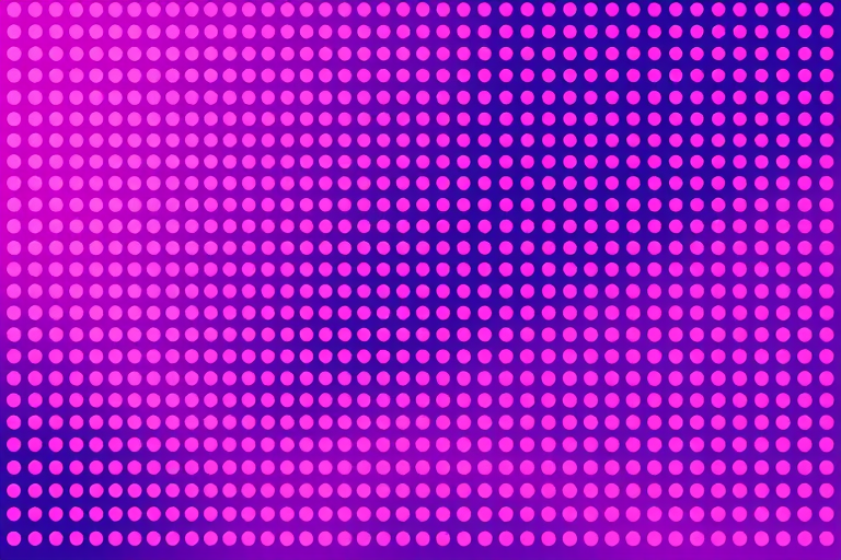 create a vibrant halftone pattern with varying shades of pink and purple dots arranged in a gradient from the center outward, using a Canon EOS R5 camera with a 50mm f/1.8 lens, aperture set at f/8, ISO 100, taken from a top-down view and using a shallow depth of field to enhance the contrast and detail in the dots.