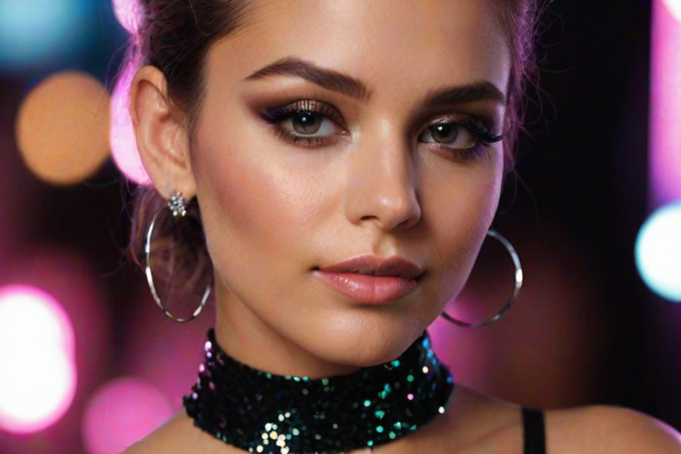 High res waist up portrait photo of a woman with glittery eye-shadow and clear glossy lip-gloss.She is looking at the viewer seductively . She is wearing a thin string-like black choker and hoop earrings. In the background is a nightclub scene out of focus