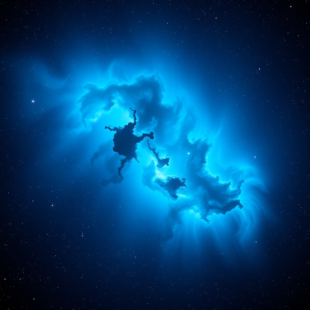 A high-resolution cosmic nebula scene with vibrant blue and turquoise colors, starry background, 50mm lens, f/2.8 aperture, ISO 800, 1/200s shutter speed, captured with a DSLR camera in a wide-angle view.